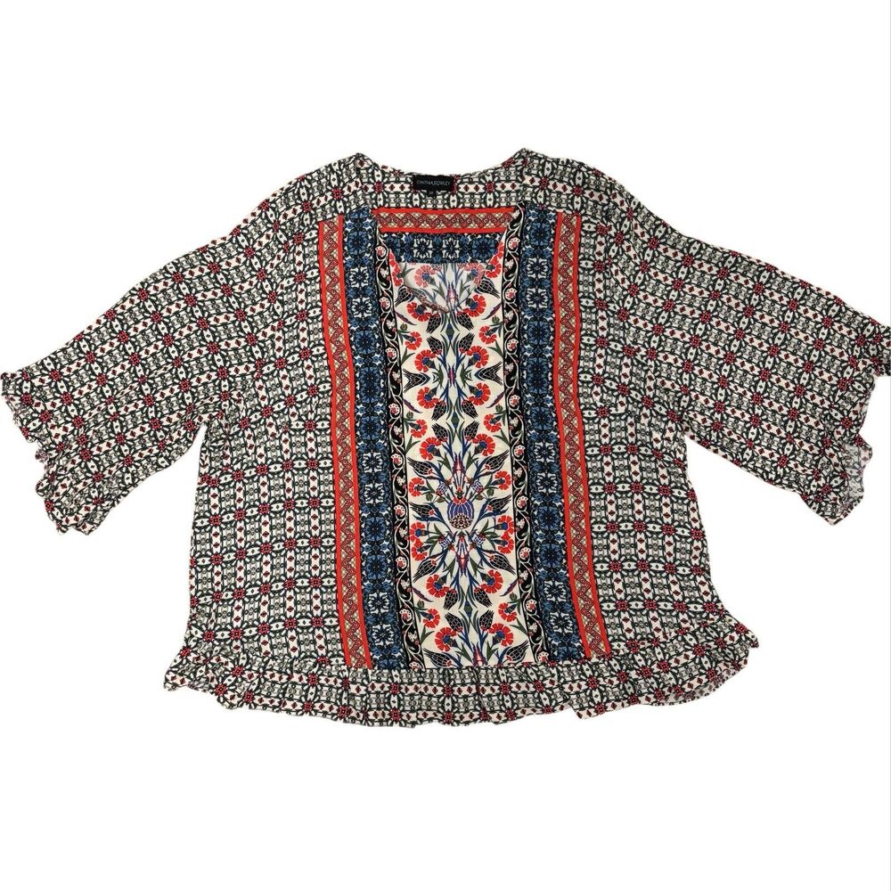 Cynthia Rowley Blouse Women 2X Multicolor Bohemian Floral V-Neck Bell Sleeve